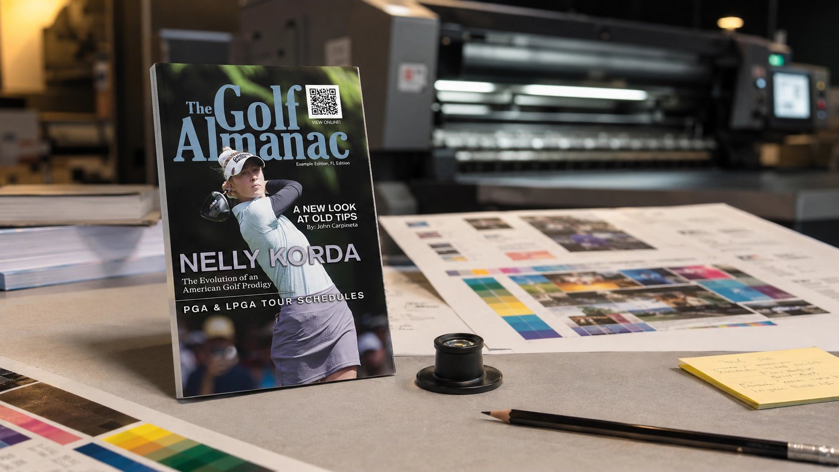 An issue of The Golf Almanac with Nelly Korda on the cover, standing upright on a press-room table beside color proofs, a printer's loupe and a pencil, with a printing press visible behind it