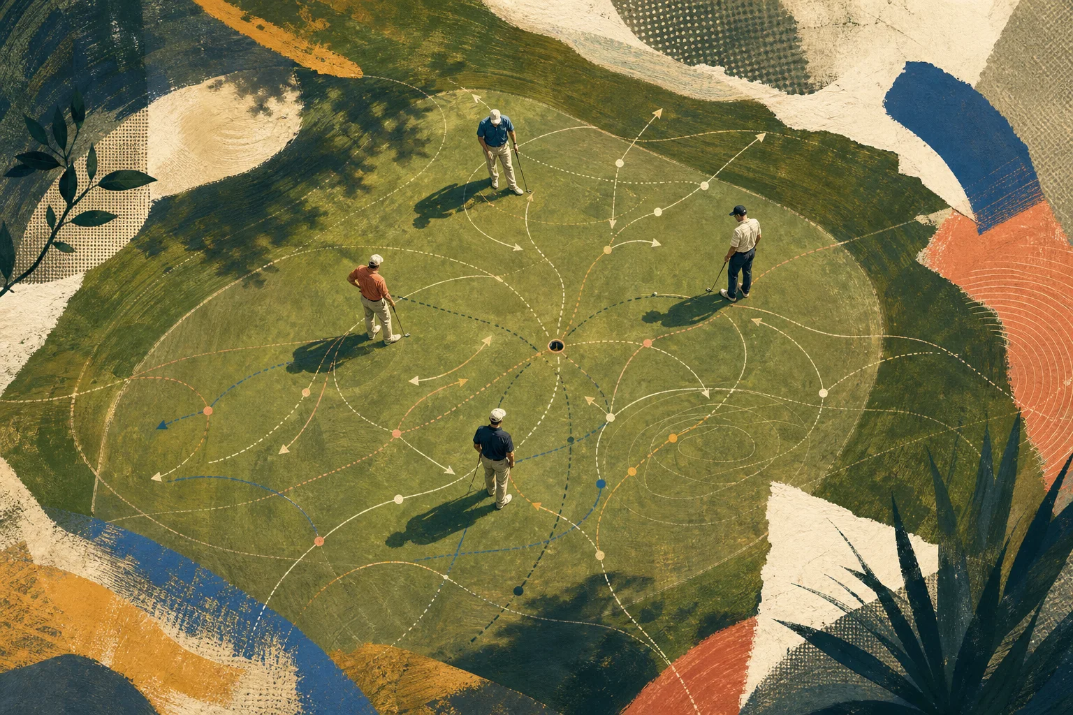 Editorial illustration of four golfers reading a green as paths and decisions radiate around them