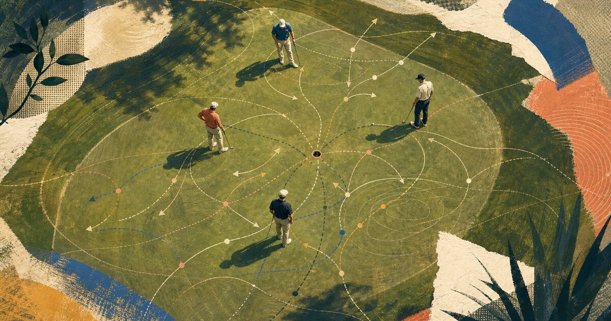 Foursome on a green surrounded by decision paths