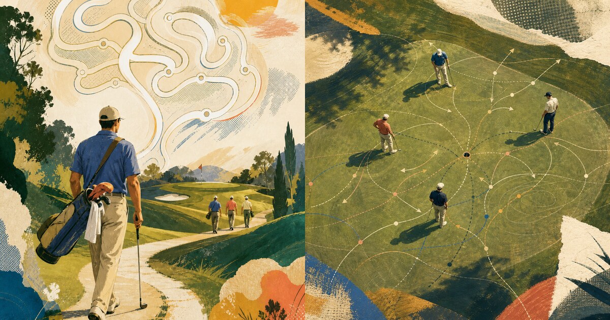 Two-panel illustration connecting golf and decision making