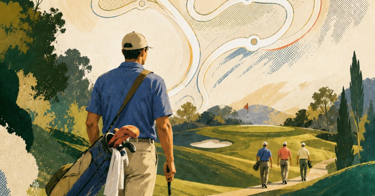 Golfer walking beneath a brain-shaped network of paths