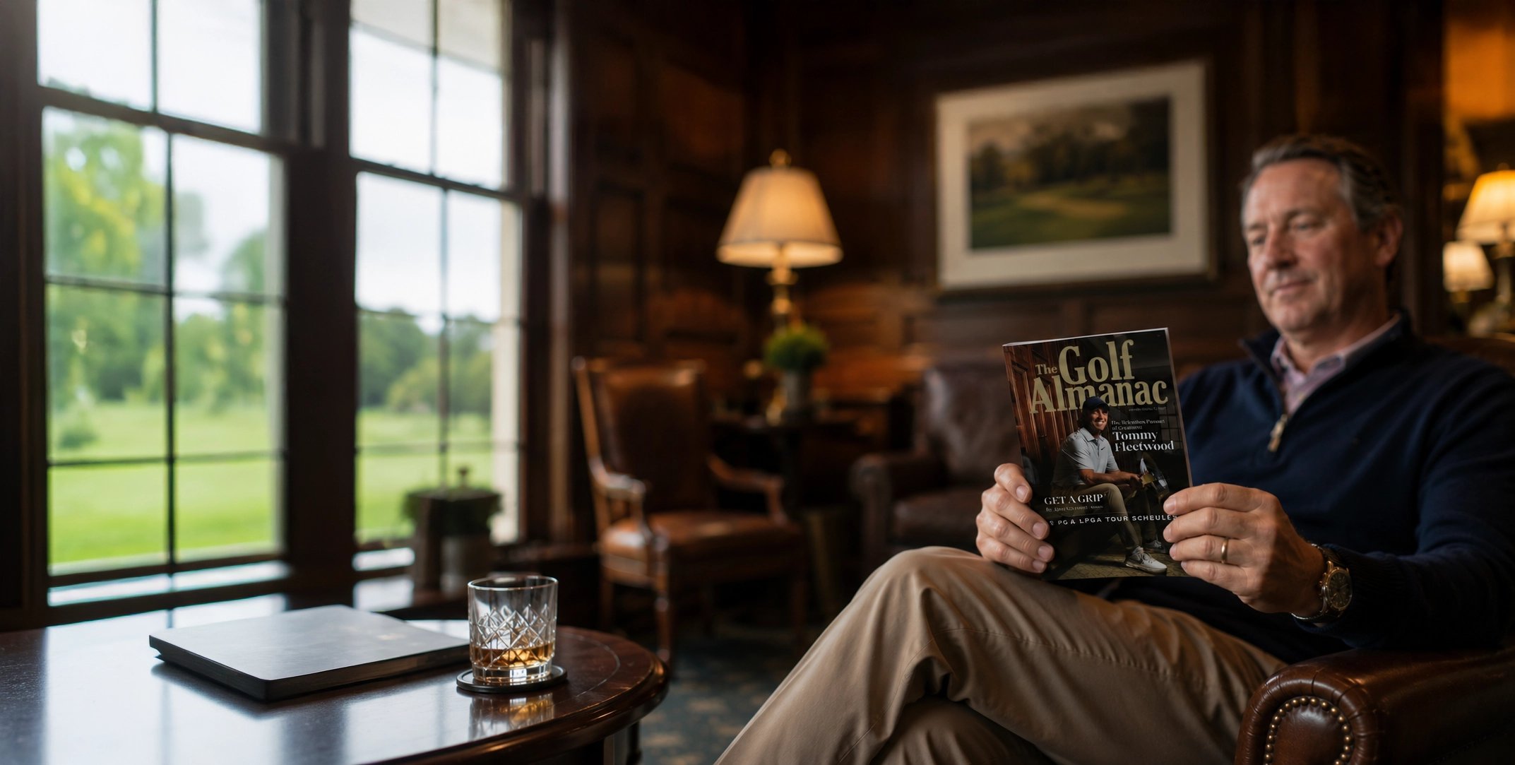 A country club member reading The Golf Almanac in a wood-paneled clubhouse with a window onto the course
