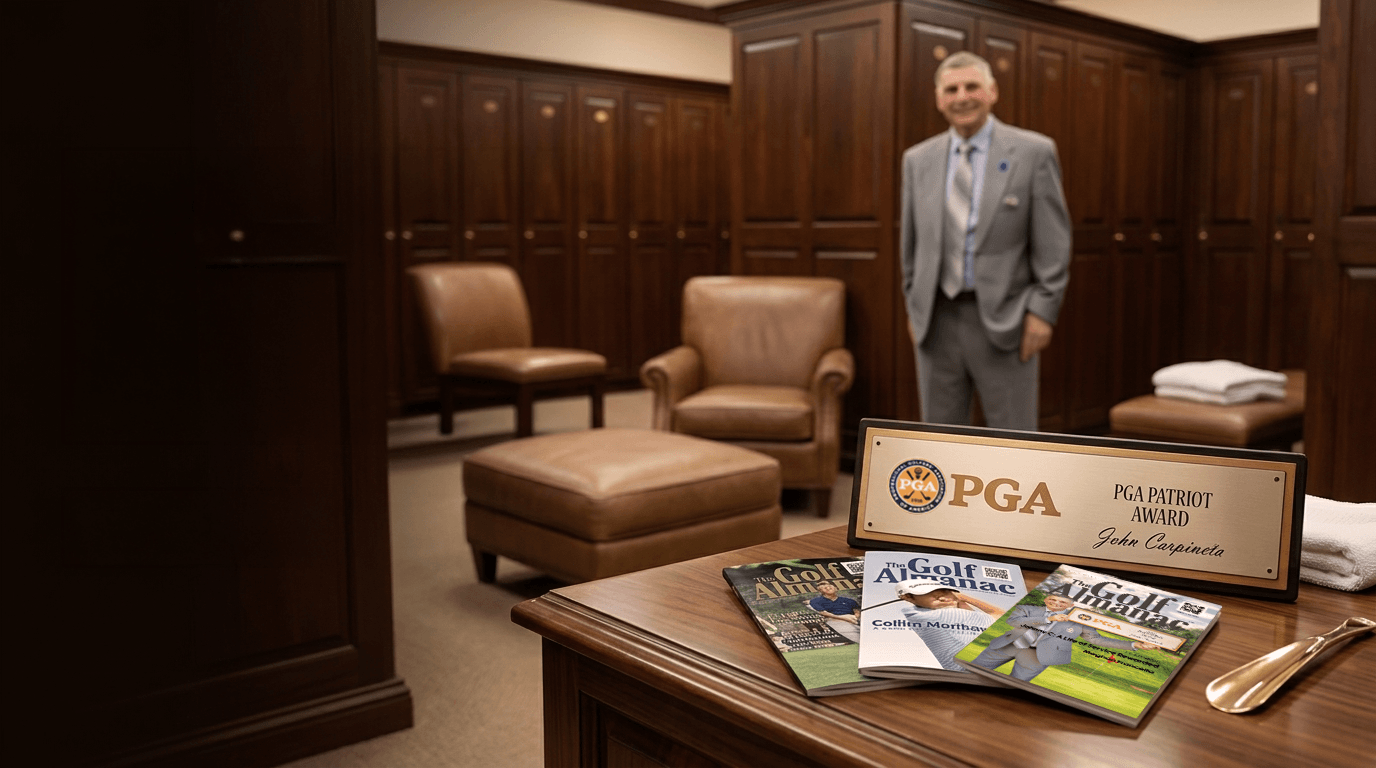 Locker room desk with three issues of The Golf Almanac and the PGA Patriot Award plaque engraved for John Carpineta, with John softly out of focus in the background